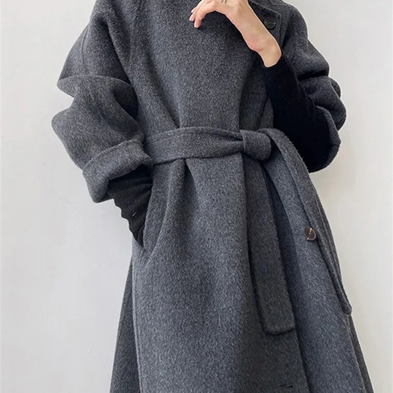 EWQ Turtleneck Single Breasted Woolen Coat Women Outwears Long Sleeve Thick Cashmere Overcoat Autumn Winter 16U5361 240820