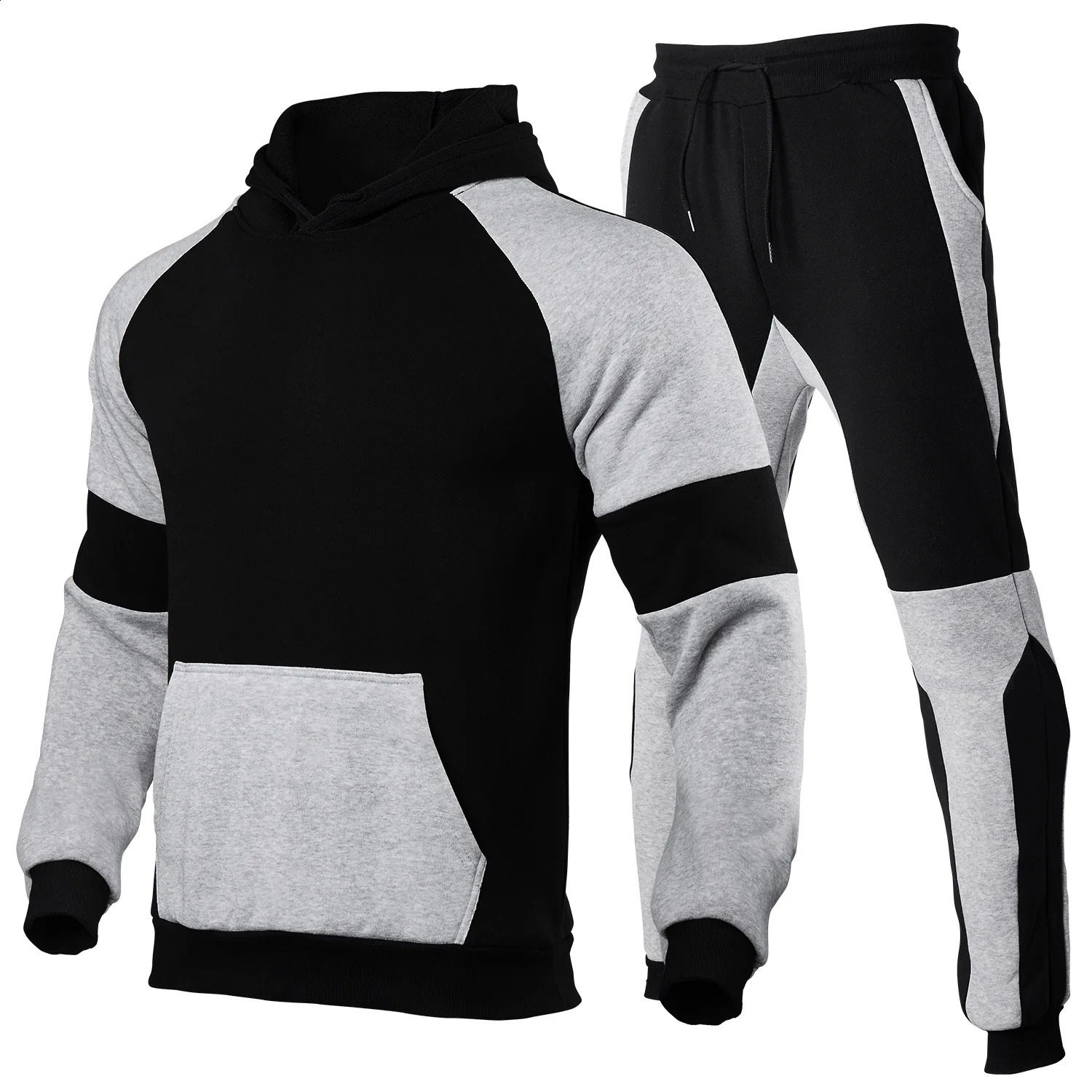 Mens casual multi-stitching plus fleece off-shoulder hoodie suit fashion sports suit 240821