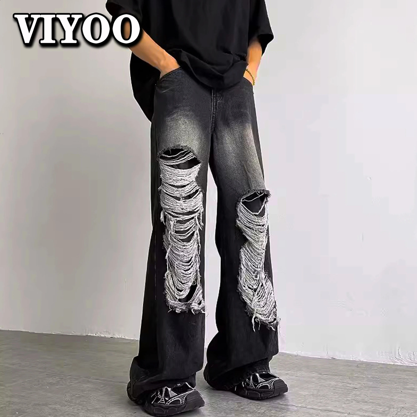 Mens Y2K Clothes Goth Denim Pants Men Wide Leg Ripped Jeans Black High Street Baggy Jeans Wash Streetwear 240821