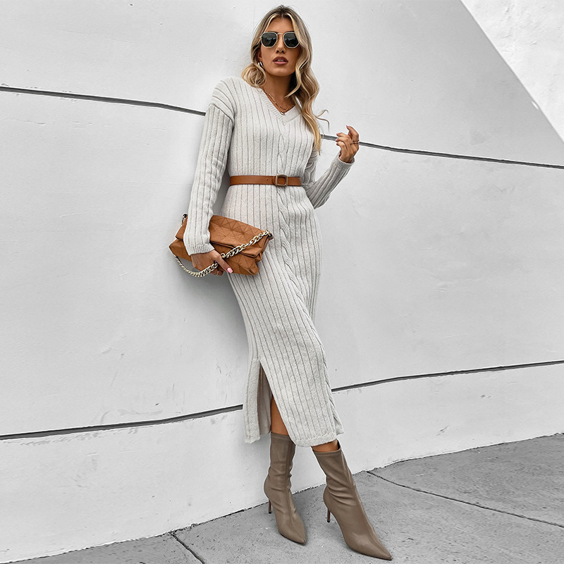 New autumn and winter women's sweater dress, French style western-style V-neck low slit knit skirt with inner lining