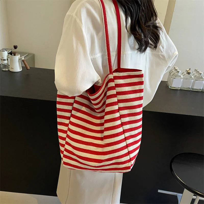 Cotton canvas womens shoulder bag retro handbag shopping large capacity cute striped n beach cloth wallet 240820