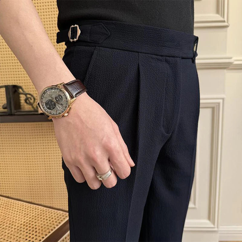 Naples Style Suit Trousers Men Stylish High-waisted Belt Slim Straight Pants Mens Fall Vintage Solid Color Casual Pants 240820
