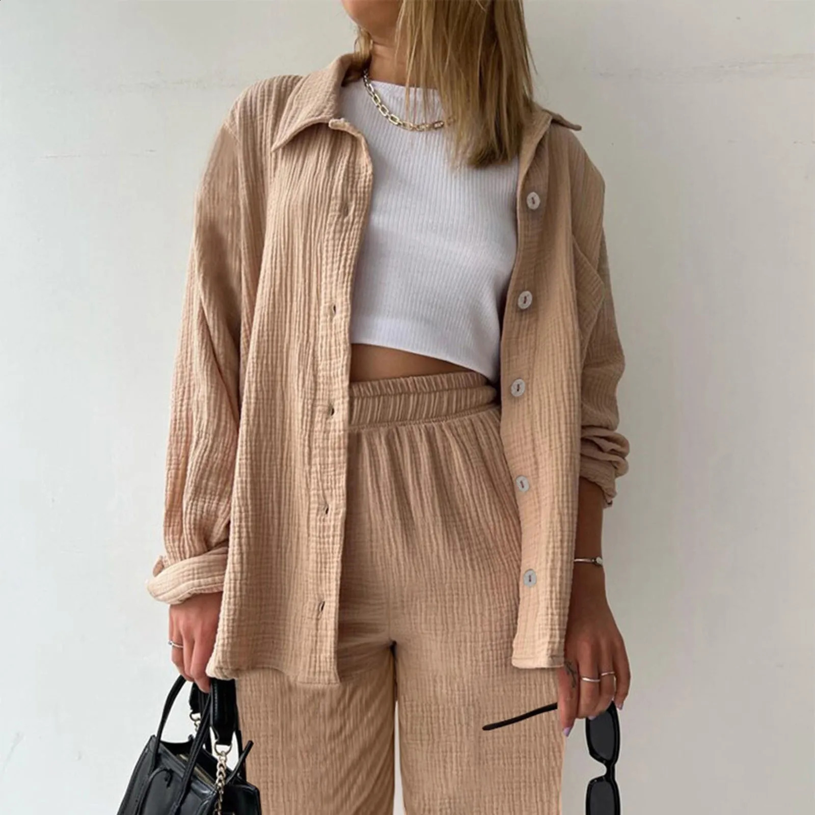 Womens Summer Muslin Blouse Shirt And Shorts Clothes Long Pants Autumn Outfit Set Two Piece Pant Suits 240820