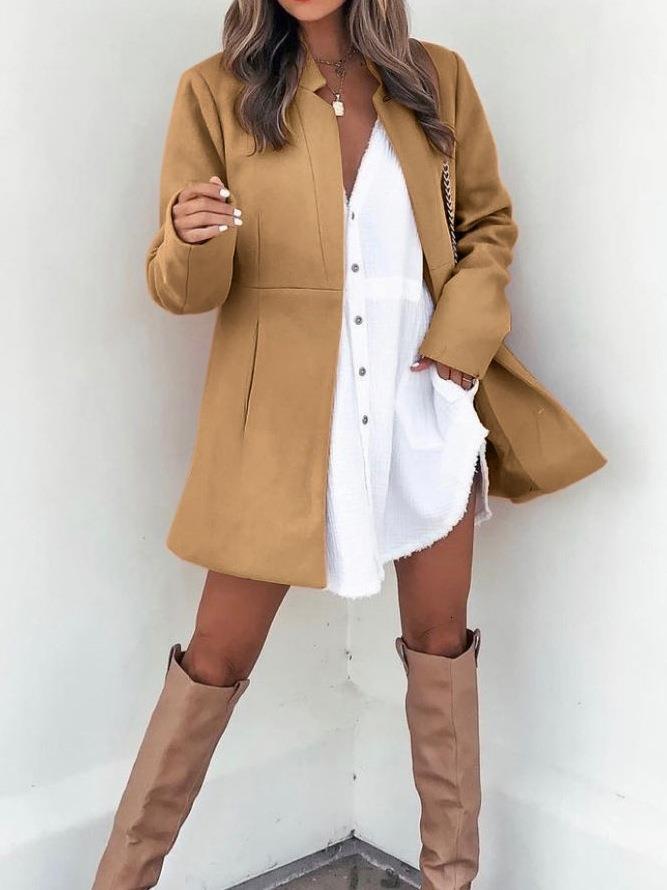 2024 autumn and winter neat color slimming long sleeved pocket woolen women's coat