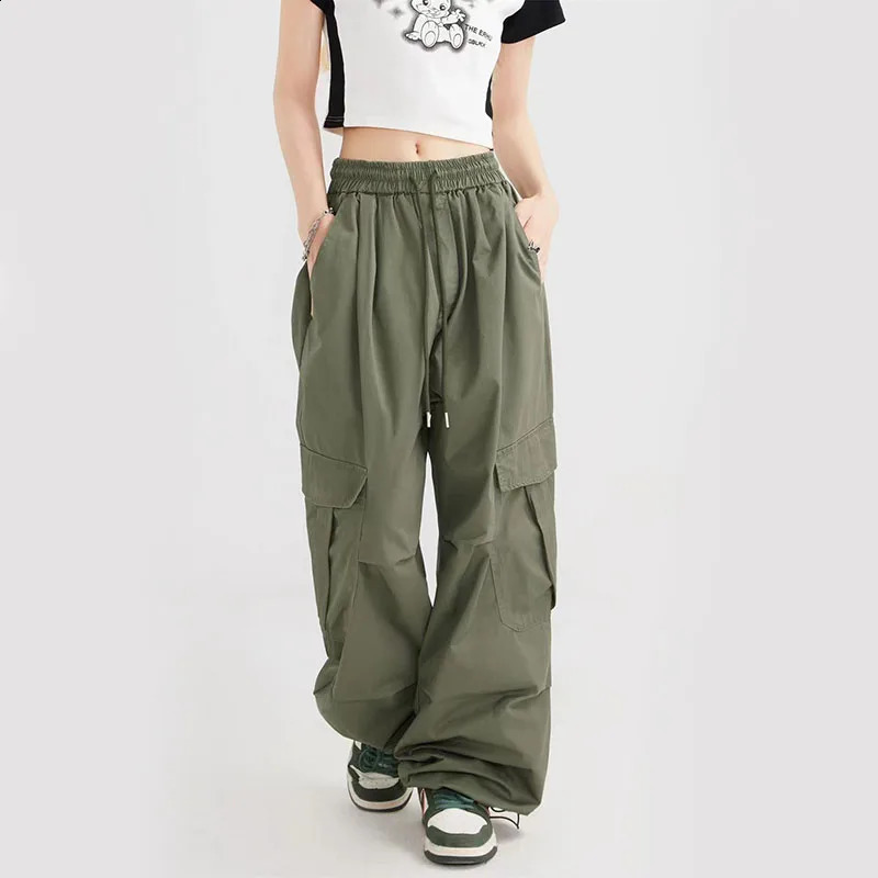 Vintage Streetwear Army Green Cargo Pants Women Y2K Japanese Loose Pocket Parachute Harajuku Oversize Baggy Sweatpants 240821