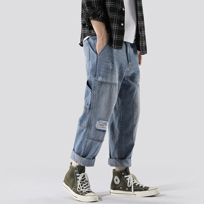 Y2K vintage high quality Harajuku mens jeans multi-generation biker ripped pants fashion loose Korean nine minute pants 240821