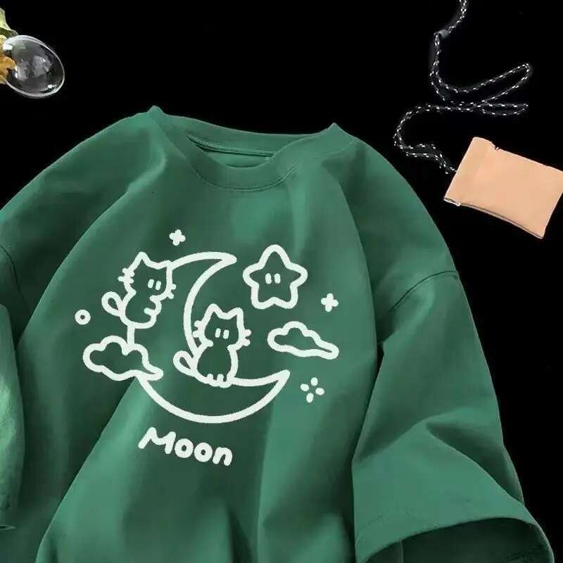Summer 2024 Individualized Street Trend Casual Couple Loose Short Sleeve Korean Cartoon Cat Print Men Women Graphic T-shirt Top
