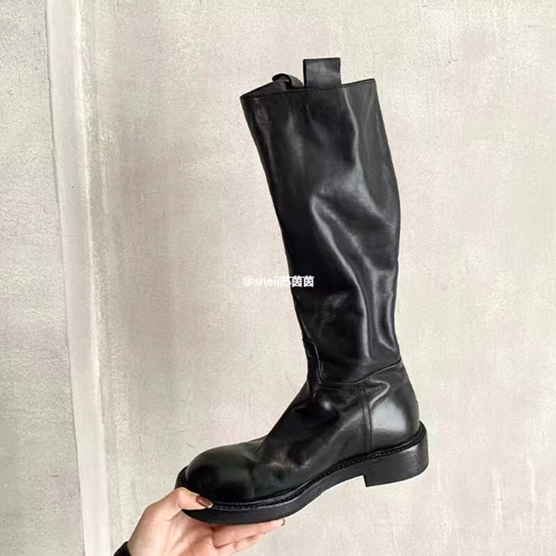 Ddmysports Recommended By Su Yinyin The Same Style Of Two Hands Washed Cowhide Pleated Back Zippered Thick Soled Mid Height Long Boots For Women S Kni