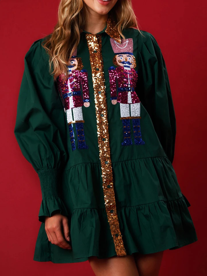Womens Sequin Christmas Outfit Holiday Nutcracker Sequin Tiered Dress Sweatshirt Merry Christmas Mini Shirt Dress o240821