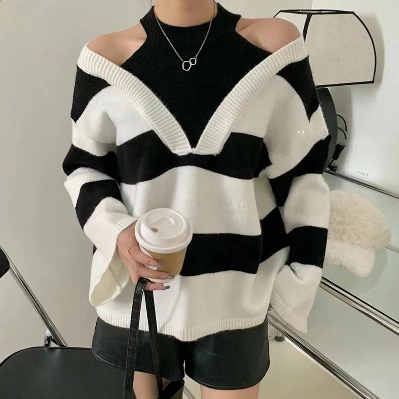 Y2K striped camisole womens sweater Korean knitted loose patch work pullout autumn preparatory style fully matched fashionable top 240821