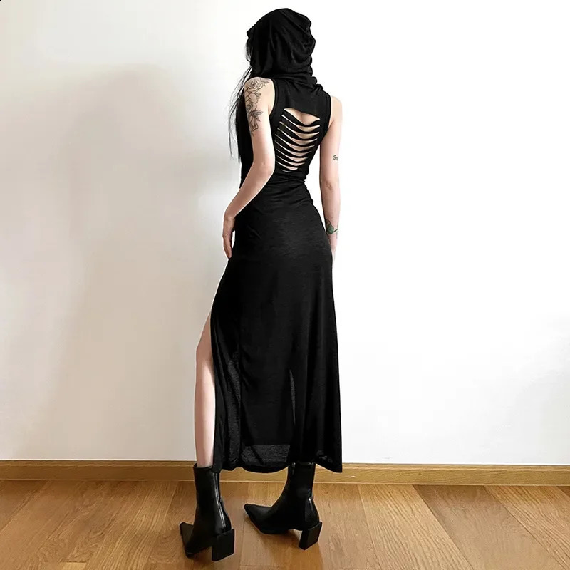 Goth Dark Cyber Gothic Hooded Dresses Women Y2k Punk Grunge Hollow Out Midi Dress Sexy Split Side Bodycon Sexy Vestidos 240821