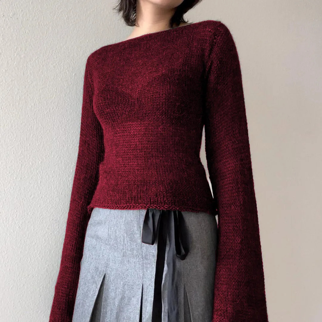 Womens Y2K retro sweater Flare long sleeved boat neck solid color knitted floral casual top 240821
