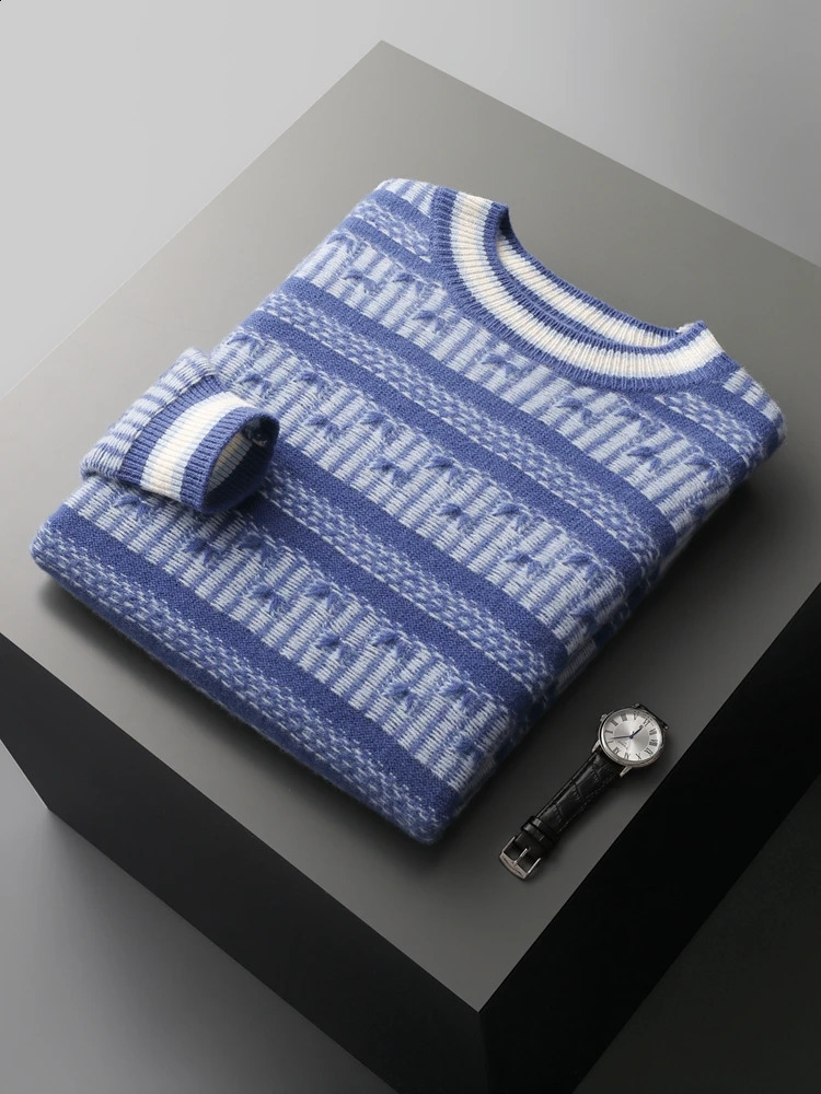 Autumn and Winter 100% Merino Wool Knitted Cashmere Sweater Mens O-Neck Pullover Jacquard Retro Stripe Contrast Top 240821