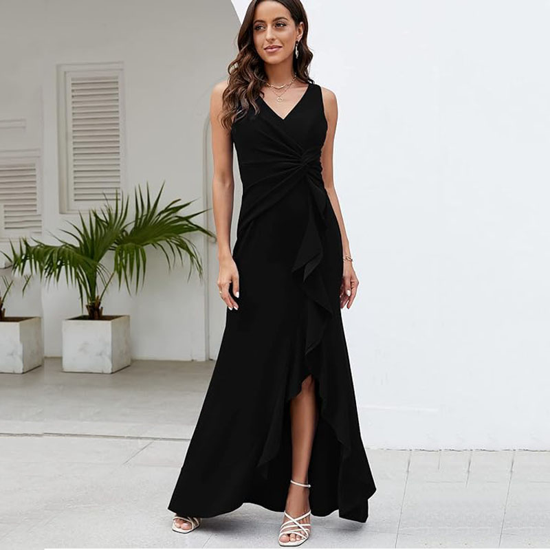 Long Black Evening Gowns for Women Formal Dresses for Women Evening Party Elegant V Neck Sleeveless Split Wrap