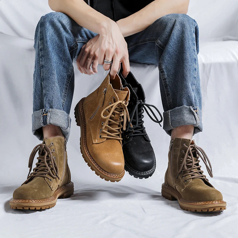 selling mens casual round toe work boots mens boots mens boots premium boots leather solid color mens ankle boots 240821