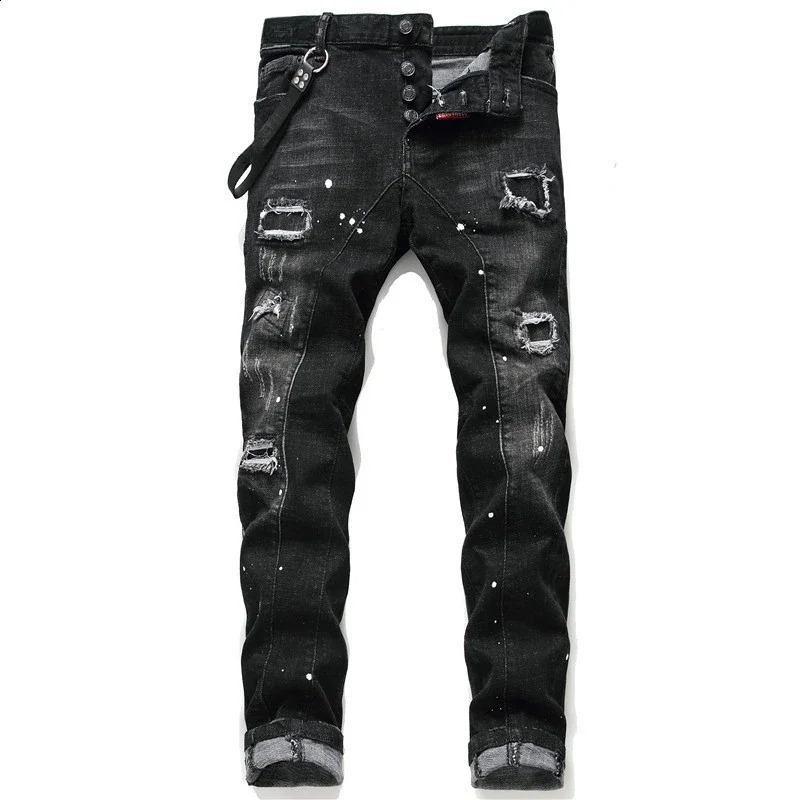 Ltalian High Street Style Denim Pants Men Black Ripped Denim Jeans Holes Jeans High Quality Male Slim Fit Denim Trousers Size 38 240821