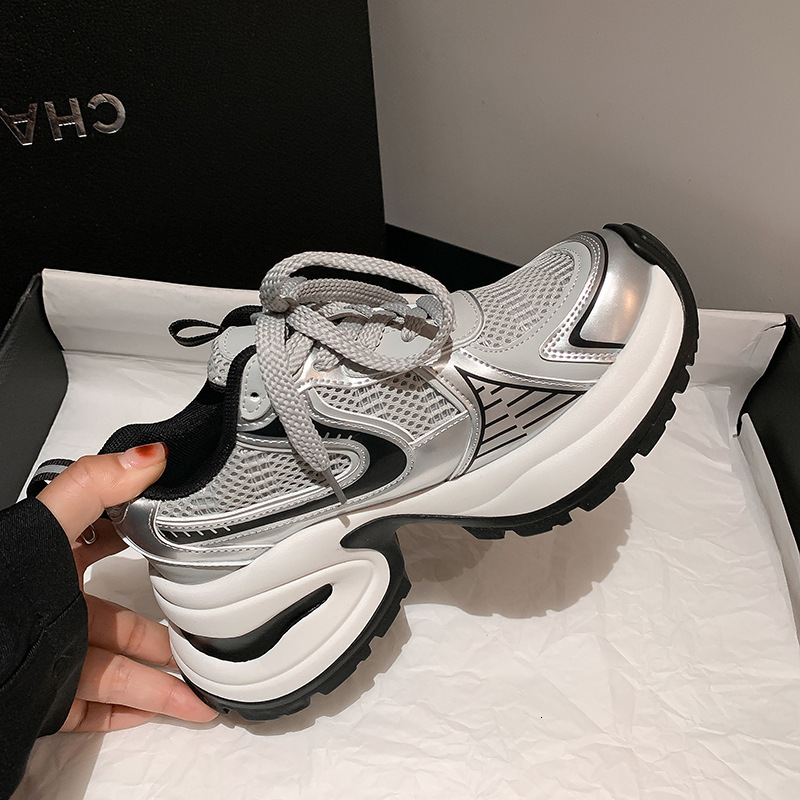 Ddmysports Zhao Lusi Same Style Summer Breathable Silver Thick Sole Elevated Casual Sports For Dad Shoes Women Genuine Leather OUTDOOR