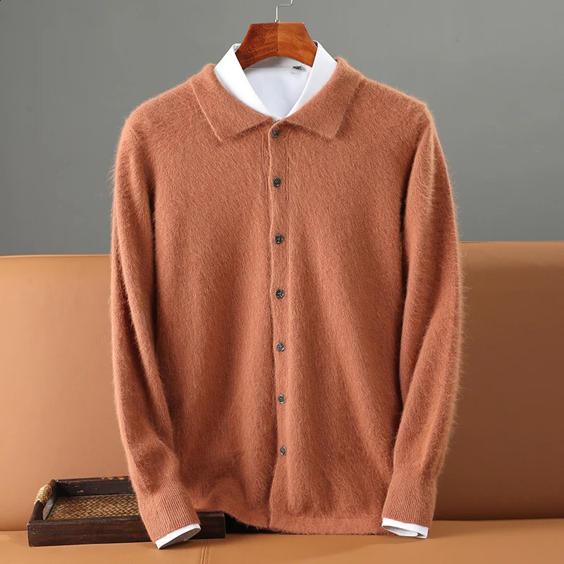 Autumn and Winter Mens 100% Mink Cashmere Thick Sweater Knitted POLO Collar Jacket Casual Business Long Sleeved Cardigan 240821