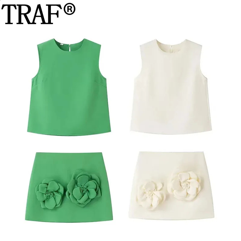 TRAF Sleeveless Crop Top Woman Flower Skirt 2 Piece Set Y2K Summer Green Mini Skirt And Blouse Set Round Neck Beige Skirt Set 240813
