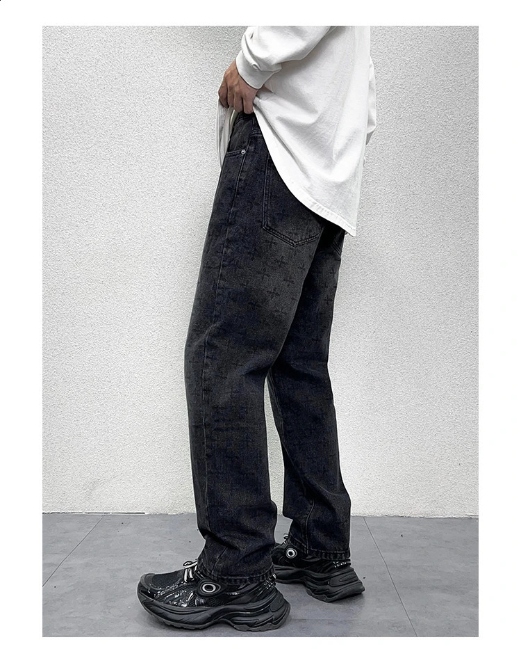 Graphic Printed Black Jeans Male Washed Loosen Fit Pants Man Wide Leg Denim Bottms 240821