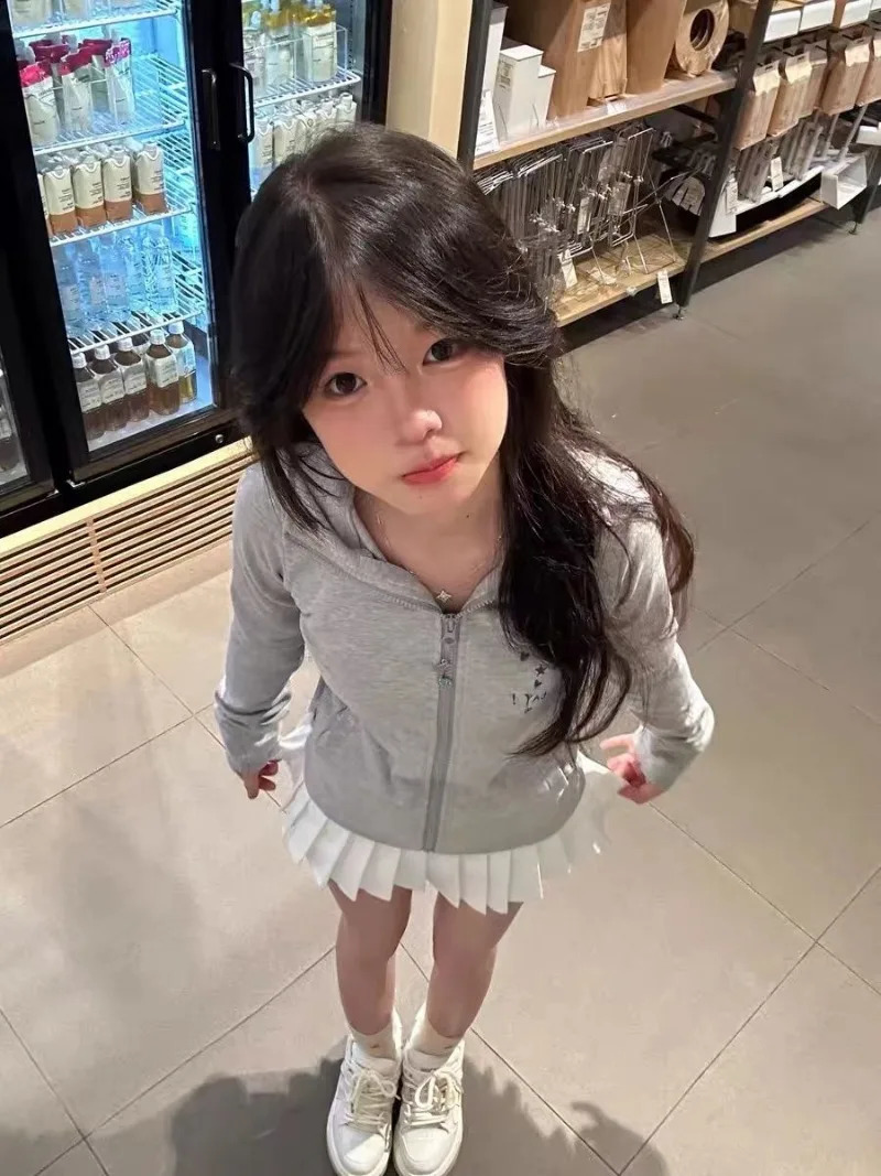 Japanese Kawaii Rabbit Ear Zipper Long Sleeve Hoodie Womens Ultra Thin Waist Y2k Chic Grey Sweet Sudadera Mujer 240821