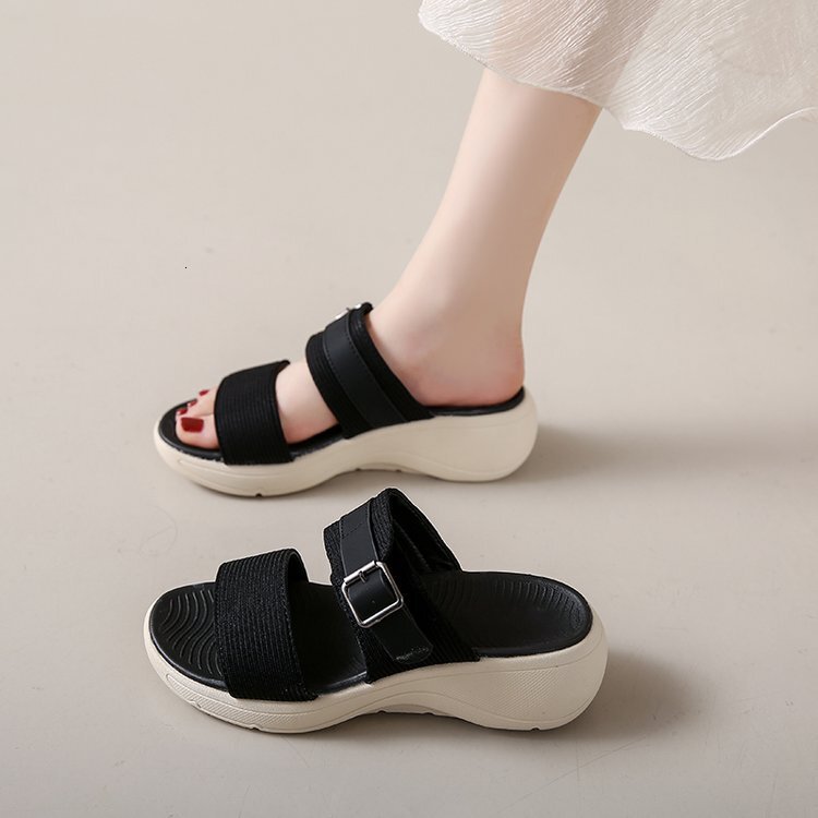 Ddmysports Ladies Wide Striped And Thick Soled Sponge Slippers Large Size Suitable For Casual Roman Style Outdoor Wear In The Summer Of OUTDOOR