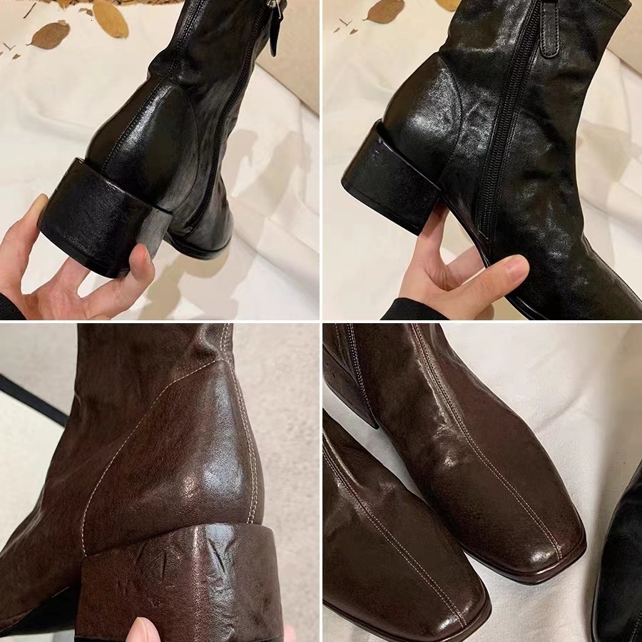 Ddmysports Grape Mom S Same Korean Square Eaded Washed Orse Skin Slim Short Boots With Eels And Thick Soles Small Ankle Women Autumn New Style OUTDOOR