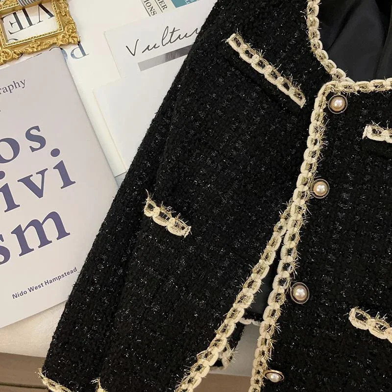 Black Short Jacket Women Temperament Elegant Tweed Jackets for Women Autumn and Winter Korean Office Lady Cropped Outerwear