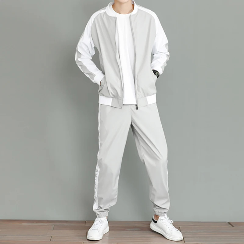 Mens 2 Piece Outfits Stand Collar Breathable Casual Jacket And Casual Drawstring Sweatpants Set For Spring Autumn Mens Clothi 240821