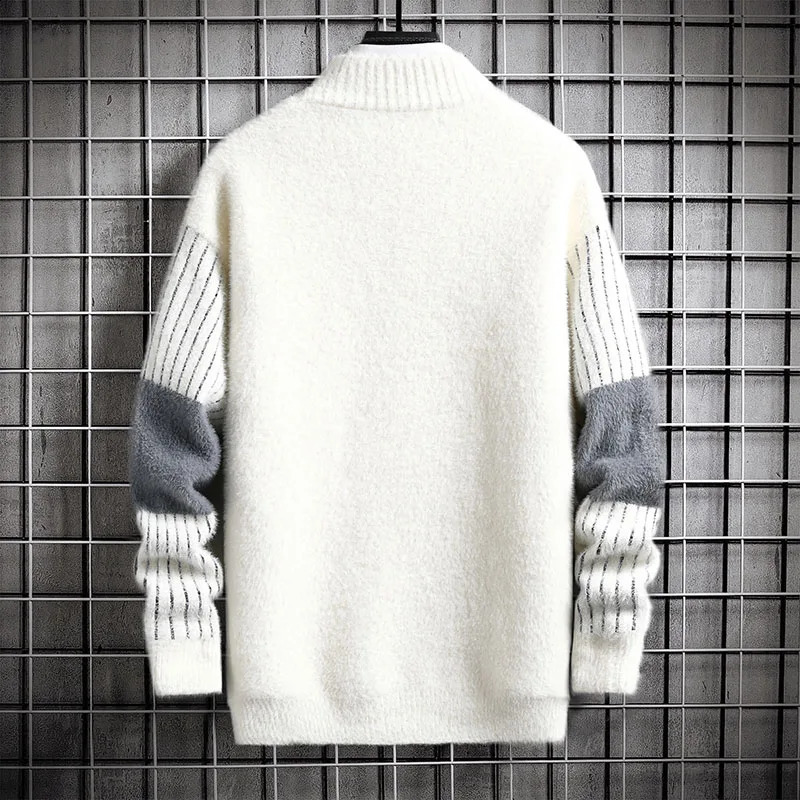 Mens Autumn Winter Mock Neck Pullover Men Fashion Casual Slim Cashmere Print Knitted Sweater High Quality Street Warm Sweatshirt 240821