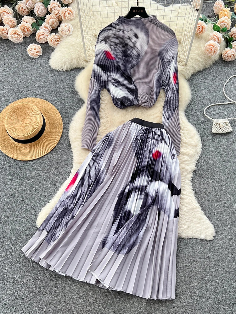 XFPV Womens Print Elastic Slim Pleated Top High Waist Pleated Half Skirt Two Piece Set Korean Fashion Spring Autumn 240820