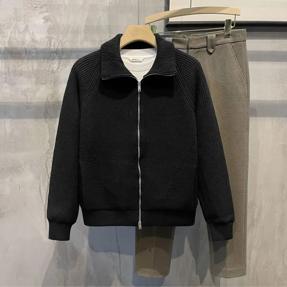 Man Clothes Black Collared Jacket Cardigan Knitted Sweaters for Men Zipper Coat Zip-up Large Big Size Old Korean Style Overfit S 240821