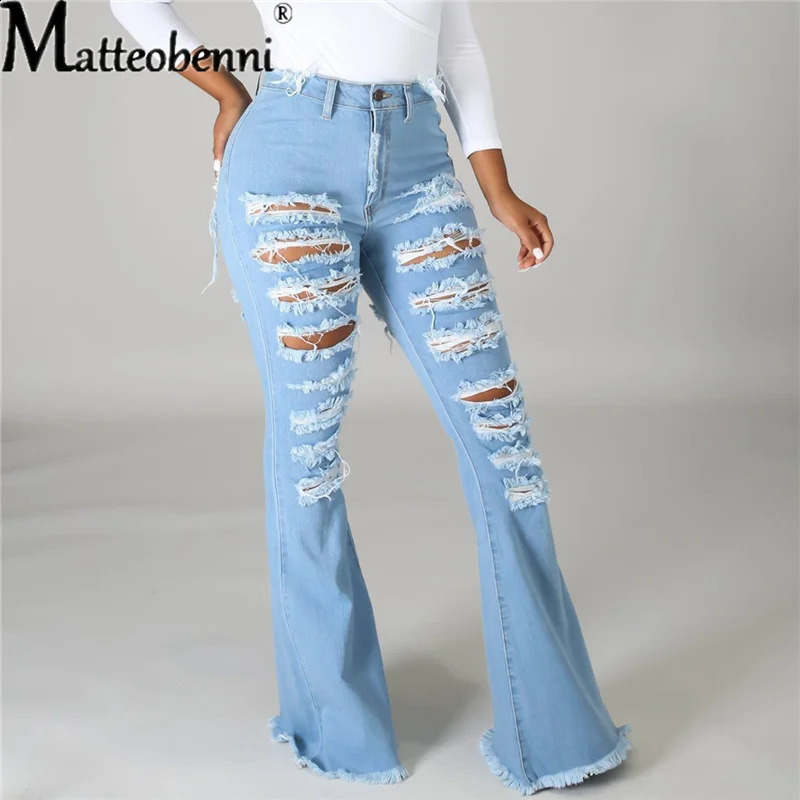 Fashion Women Hole High Waist Ripped Slit Flare Jeans Ladies Black Tassel Denim Trousers Sexy Skinny Bell Bottoms Jean Pants 240821