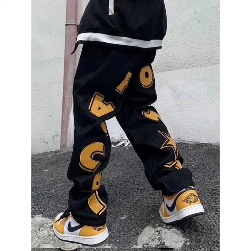 American retro black jeans personalized letter star print jeans for men and women Y2K casual straight leg loose jeans trousers 240821