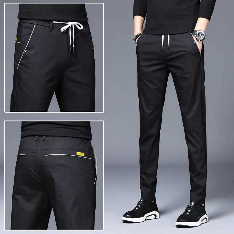 Mens thin pants 2024 summer new elastic ultra-thin slim fit Trouser lace up elastic waist casual solid straight leg pants fashionable streetwearW24072