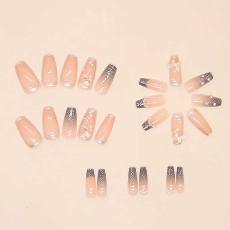 24Pcs Press on Nails Long with Designs Pink Rhinestones False Fake Nails Press On Coffin Artificial Nails for Women Stick onXJ241025