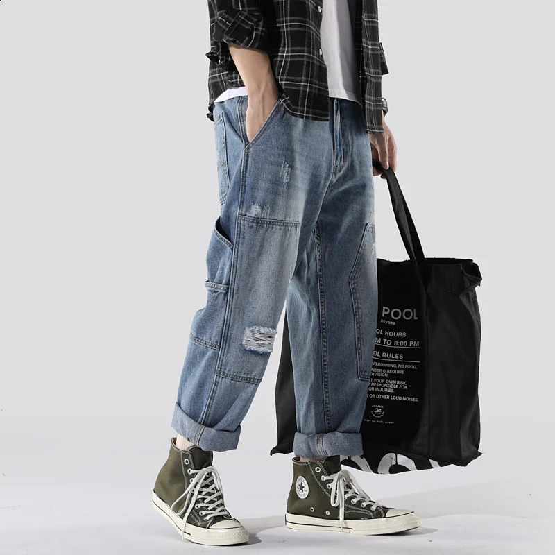 Y2K vintage high quality Harajuku mens jeans multi-generation biker ripped pants fashion loose Korean nine minute pants 240821