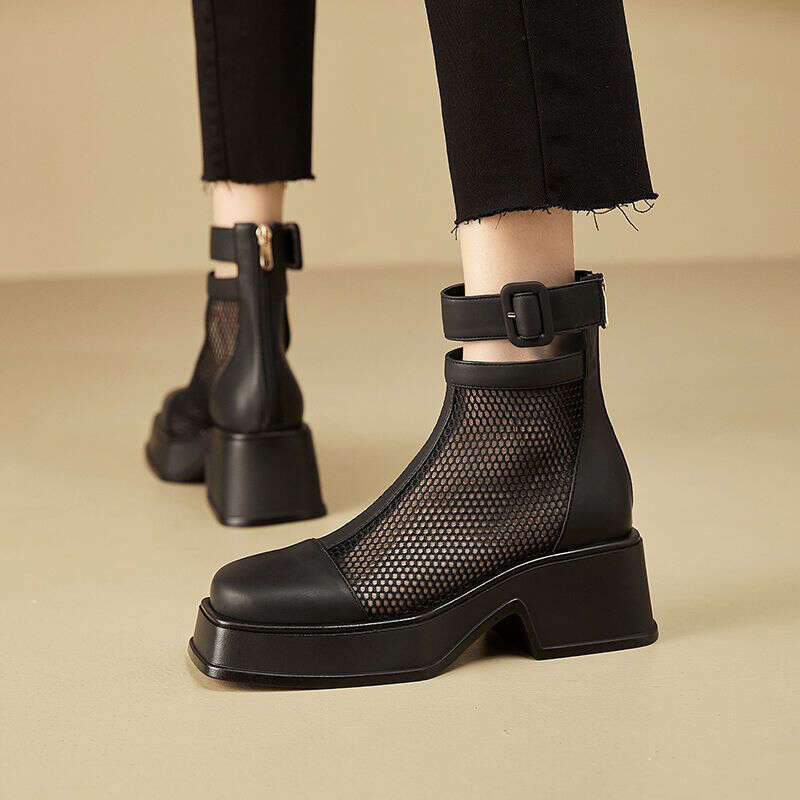 Booties Mesh Short Shoes For Woman Chunky Platform Footwear Black Sandals Women's Ankle Boots Comfortable And Elegant Autumn Pu