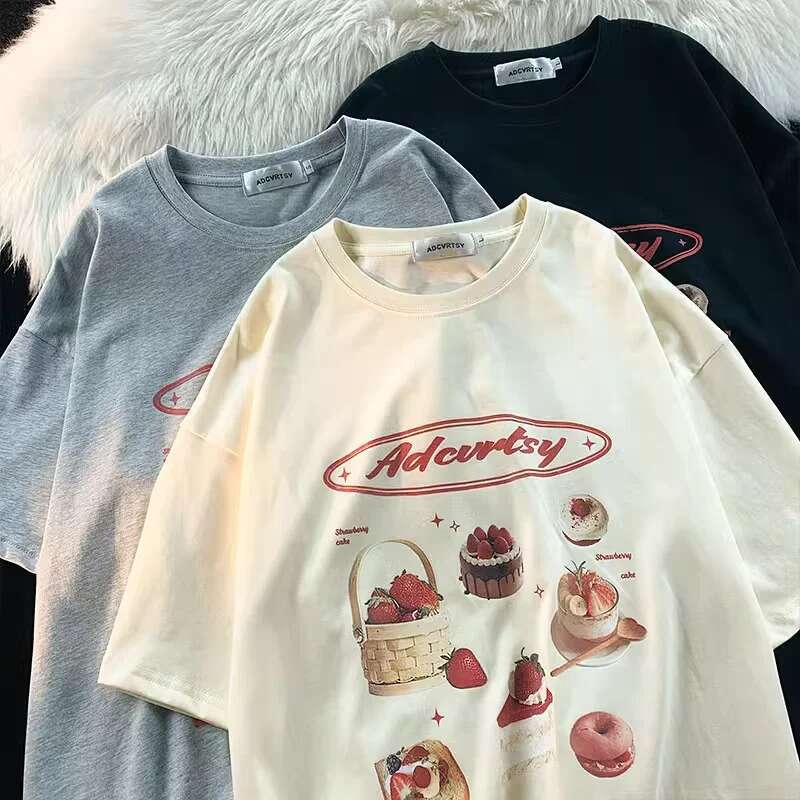 Strawberry Chic Print for Women Japanese Haruku Short Sleeve O Neck Streetwear T-shirt Large 3XL Summer Woman T Shirts