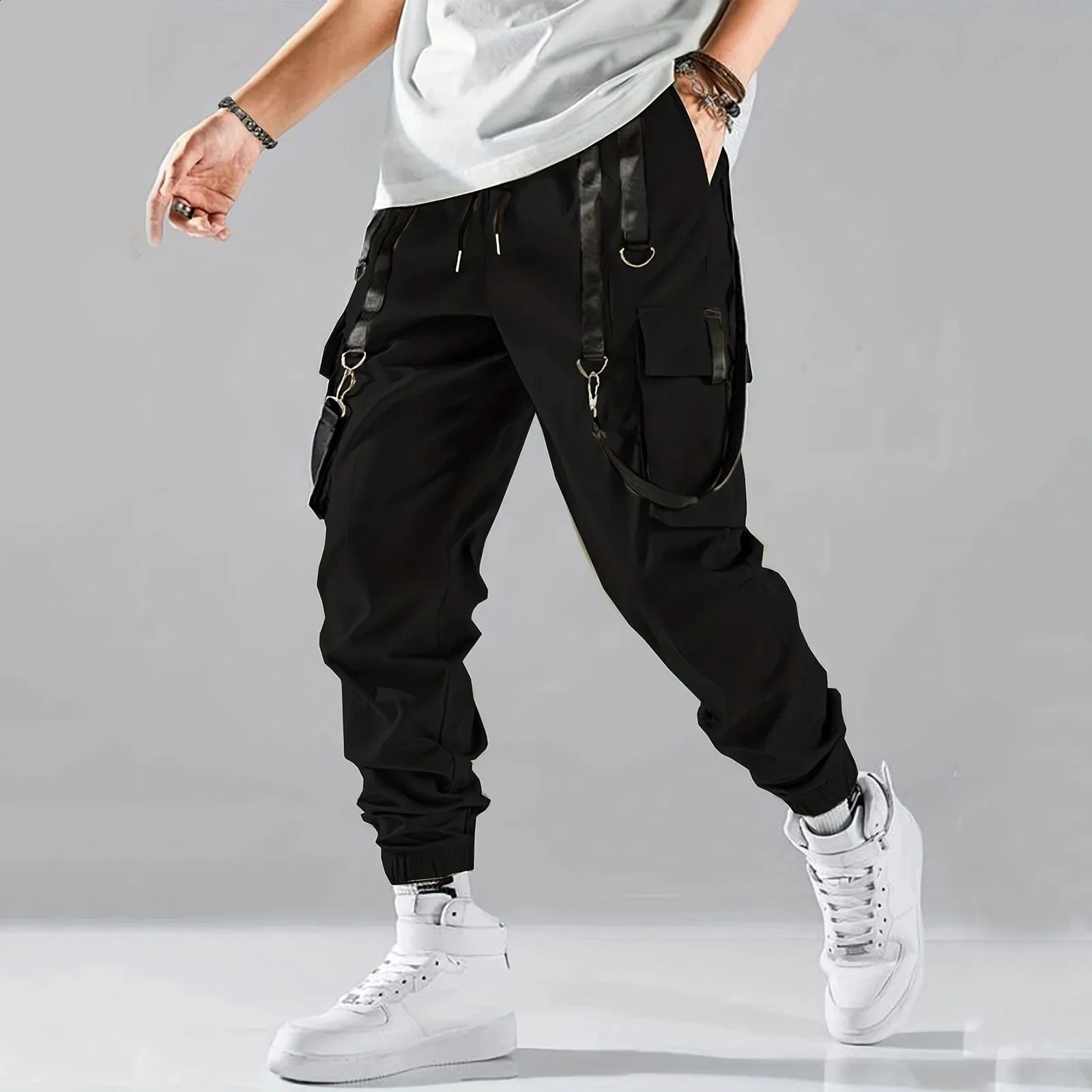 Mens Casual Stretch Pants 2024 Slim Fit Elastic Solid Color Fitness Trousers Multiple Pockets Y2k Street Pant Pantalones Hombre 240821
