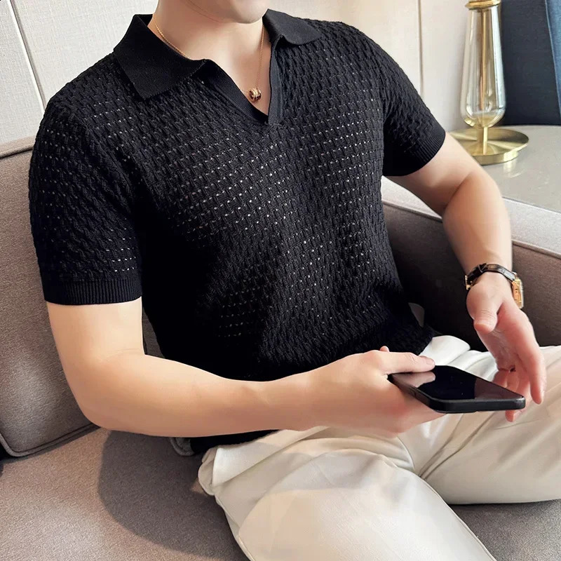 Purple Mens V-neck Polo Shirt Everyday Casual Short-sleeved Top Stylish Mens Hollow Knit Shirt 2024 Sizes M-3XL 240821