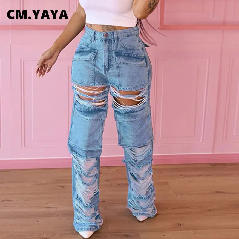 CMYAYA Women Ripped Hollow Out Tassel Pocket Front Safari Style Jeans Summer INS Strt Denim Pants Trousers Z260313
