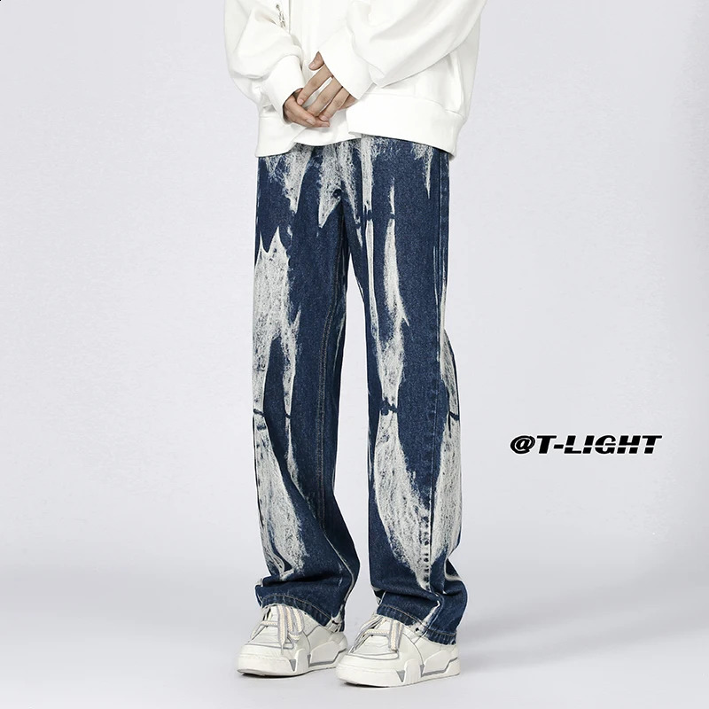 Y2k Style Mens Tie Dye Jeans Autumn Streetwear Hip Hop Loose Straight Wide Leg Pants Plus Size Baggy Denim Trousers 4XL 5XL 240821