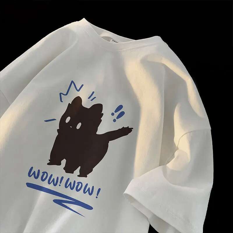 Summer 2024 Casual Retro Kitten Print Short Sleeved American Street Men and Women Loose Trend Graphic T-shirt Haruku
