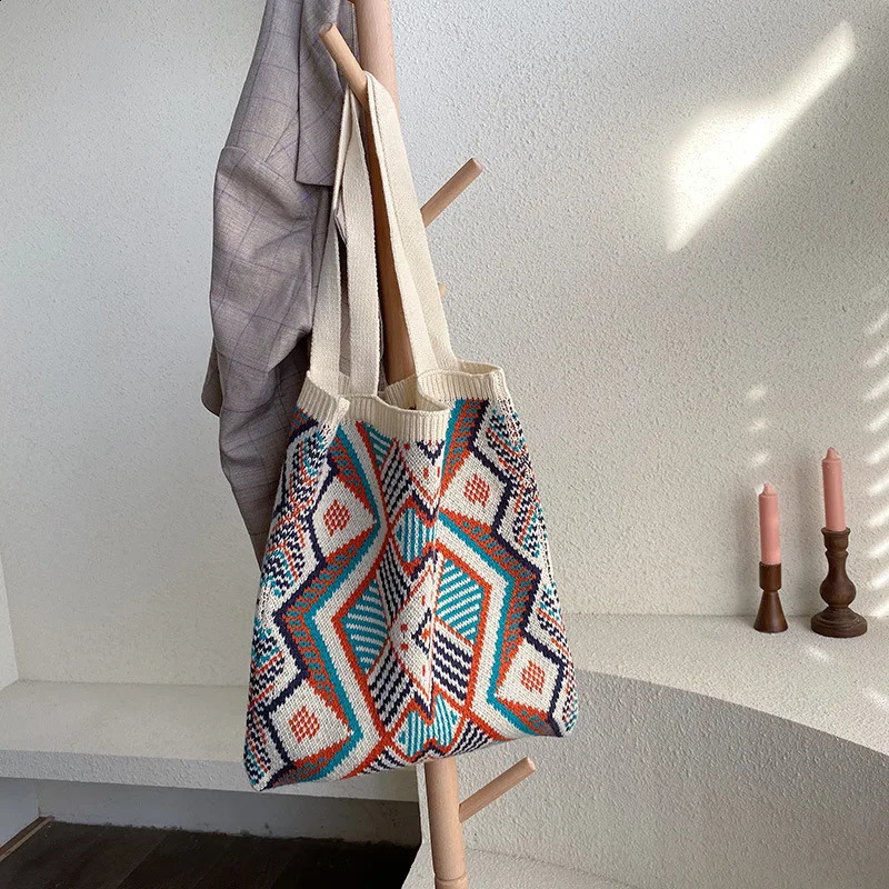 Lady Knitting Gypsy Bohemian Boho Chic Aztec Tote Bag Women Crochet Woolen Open Shopper Tophandle Female Daily Handbag 240820