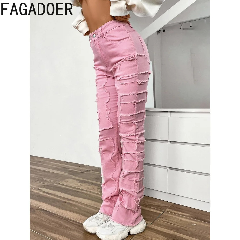 FAGADOER Embroidery Stacked Denim Pants Women High Waist Button Straight Jean Trousers Casual Elastic Cowboy Bottoms Z260313
