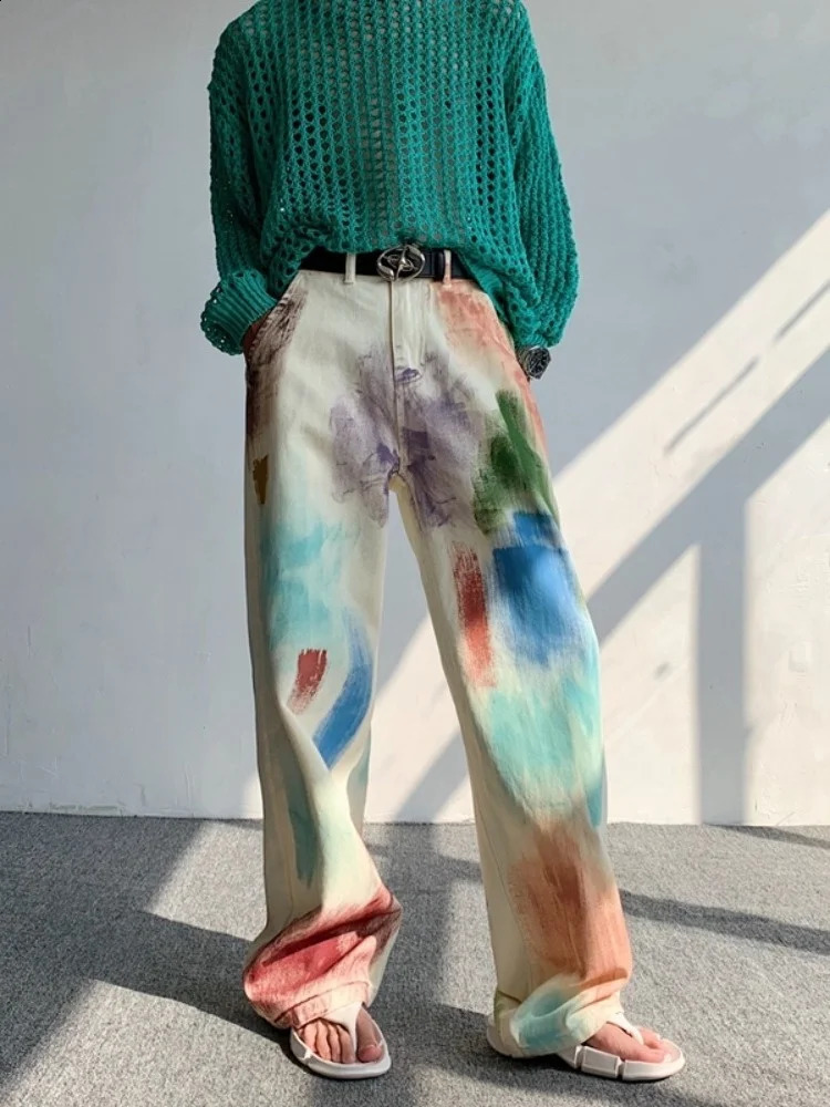 Oldschool hand-painted oil painting jeans with colorful paint style high-end pants trendy floor mops 240821