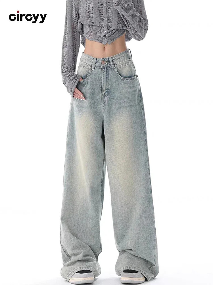 Circyy High Waisted Jeans Women Autumn Button Full Length Wide Leg Denim Pants Fashion Vintage Y2K Light Blue Loose Trousers 240821