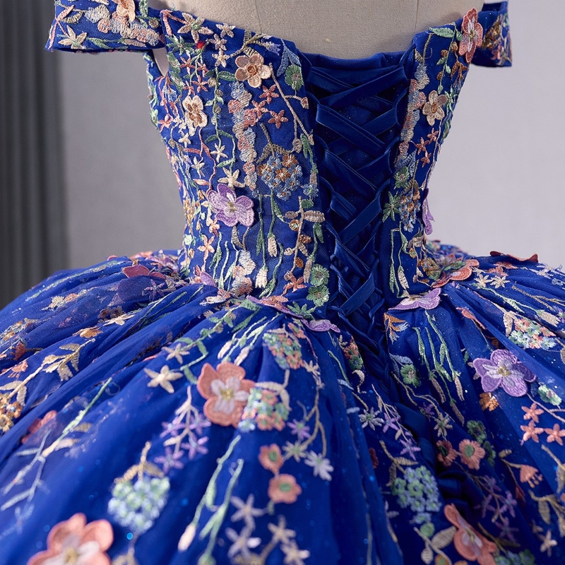 Royal Blue Shiny Quinceanera Dress Off The Shoulder Lace Applique Tull Birthday Party Sweet 16 Vestidos De 15 Anos