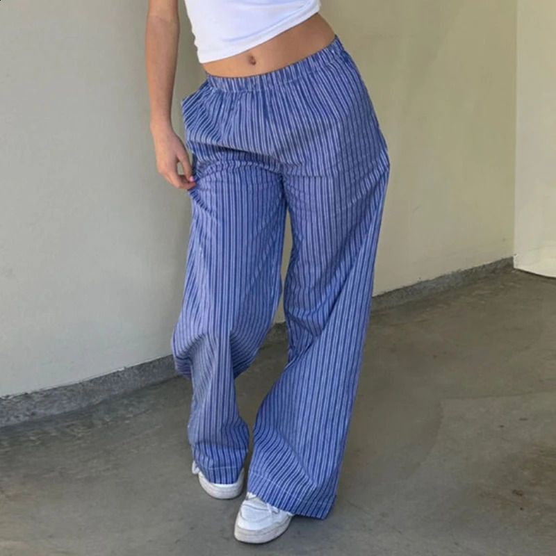 Retro 90s Loose Trouser Womens Y2K Striped Pants Wide Leg Lounge Bottom Casual Elastic Waist Nightwear Street Wear 240821